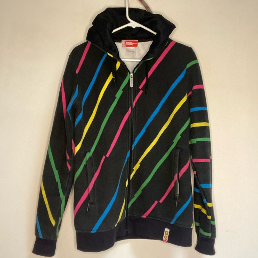 Vintage bonfire snowboard hoodie, black, neon rainbow lightning bolts pink blue